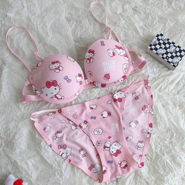 Hello Kitty High Quality Front Open 4 In 1 Push-up Print Adjustable Straps Bra Panty Set